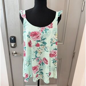 Torrid Tank Top Woman Size 1 Mint Green/Pink Floral Ruffle Straps Textured Shirt